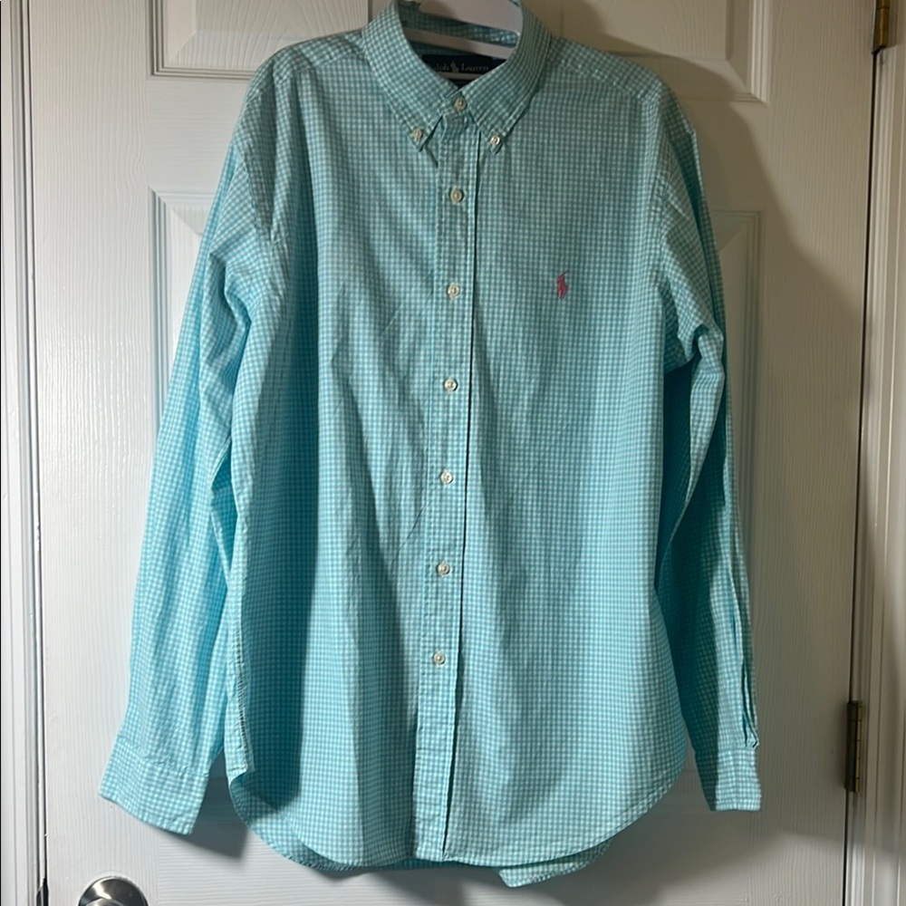 Men's Blue and White Checkered Ralph Lauren Polo Shirt Size Large Button Down